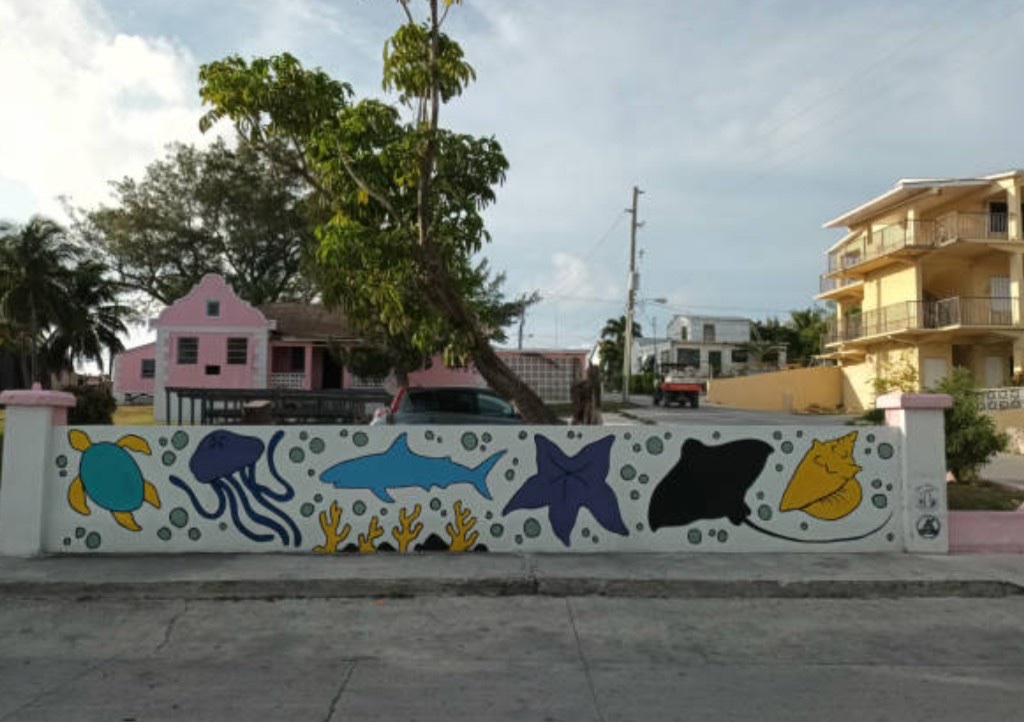 Alice Town street with marine mural beside pink and yellow buildings in Bimini