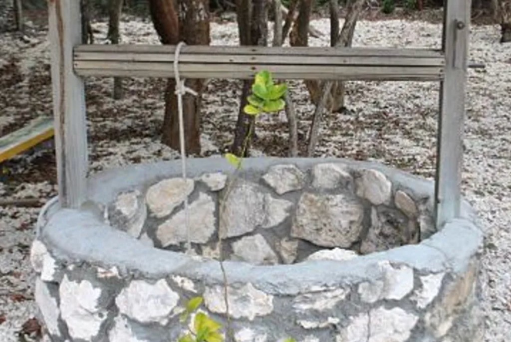 Circular stone Fountain of Youth well with wooden windlass in a coral-sand clearing